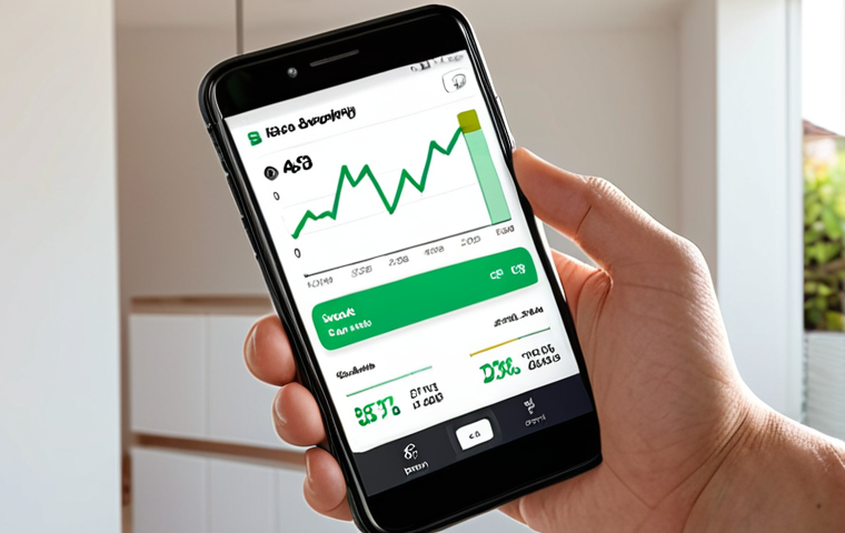 **A user-friendly interface of a savings automation app on a smartphone. The app displays clear charts showing progress towards a financial goal (e.g., buying a house). The background is a modern, minimalist home.**